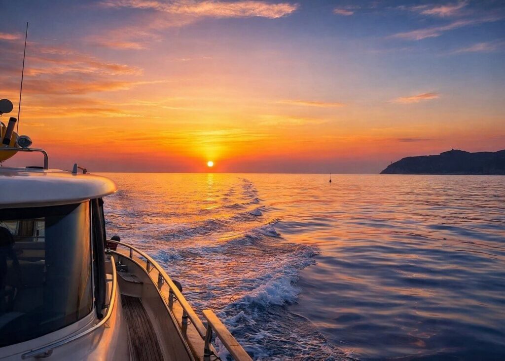 Sunset Cruising along the Sardinian Coast View from the teak deck of a luxury yacht cruising across calm Mediterranean waters during a vibrant golden and orange sunset off the coast of Sardinia.