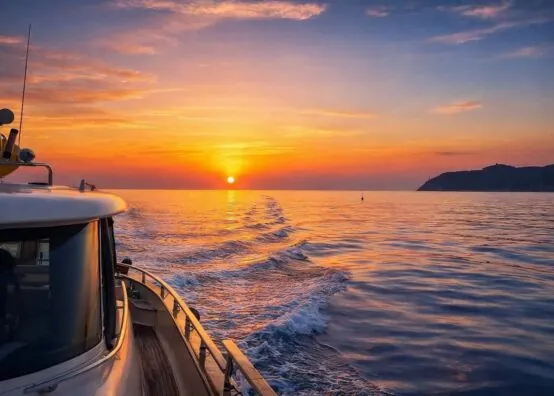 Sunset Cruising along the Sardinian Coast View from the teak deck of a luxury yacht cruising across calm Mediterranean waters during a vibrant golden and orange sunset off the coast of Sardinia.