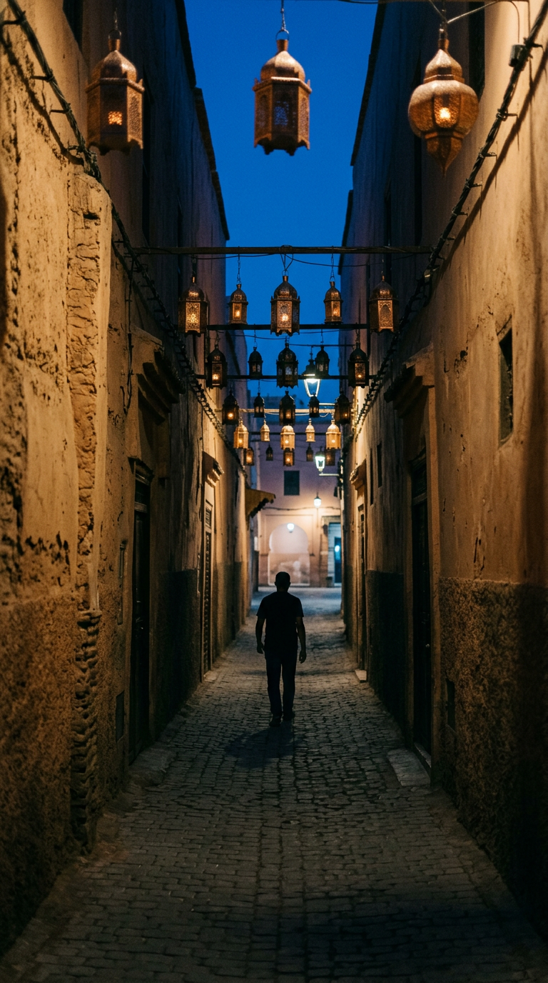 Lantern-lit alley in Marrakech's medina at dusk with a lone traveler walking through the souks